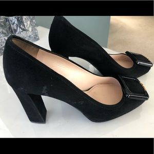 PRADA BLACK SUEDE BLACK PILGRIM BUCKLE HEELS